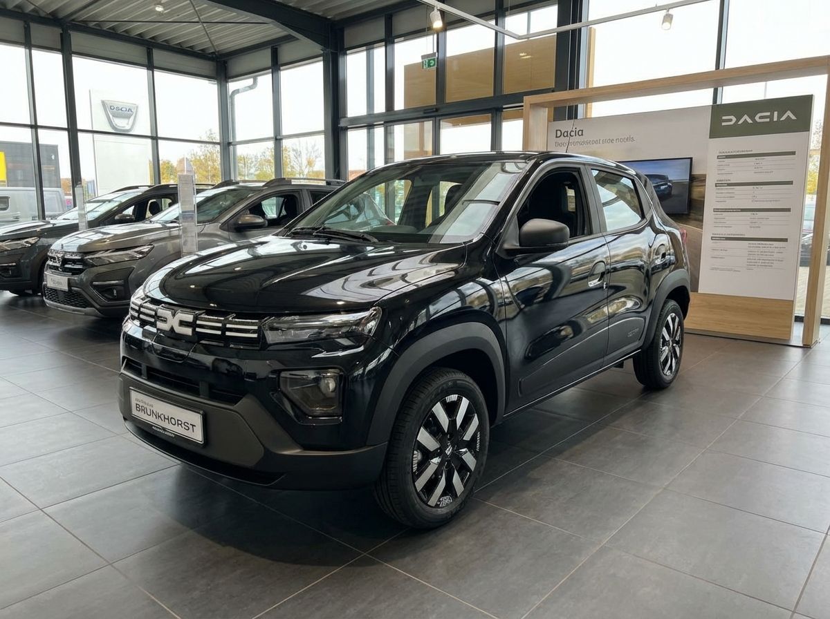 Schwarzer Dacia Spring SUV im Autohaus Brunkhorst Showroom, Frontansicht