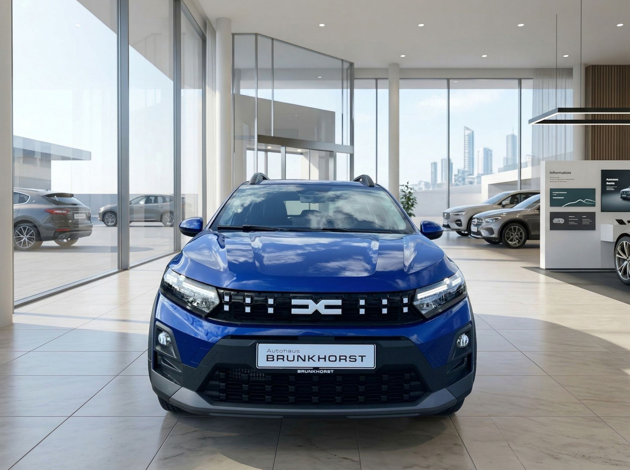 Dacia Fahrzeug Frontansicht in blau mit Dacia-Logo im modernen Autohaus-Showroom