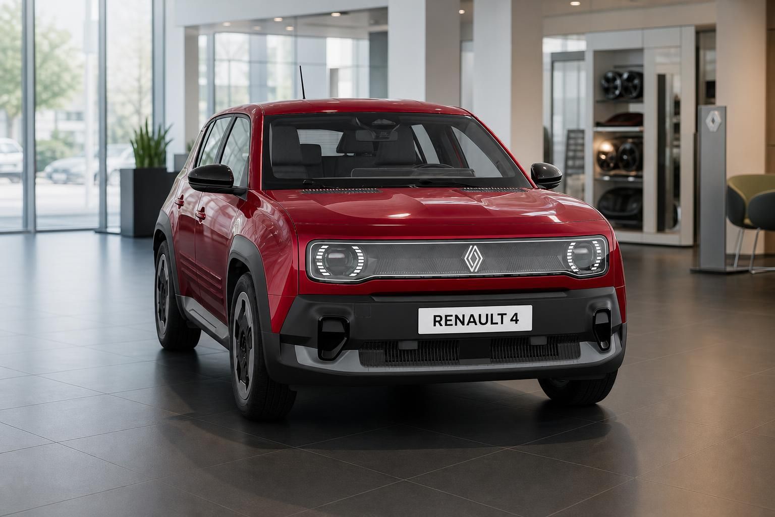 Roter Renault 4 E-Tech Frontansicht im Autohaus Showroom
