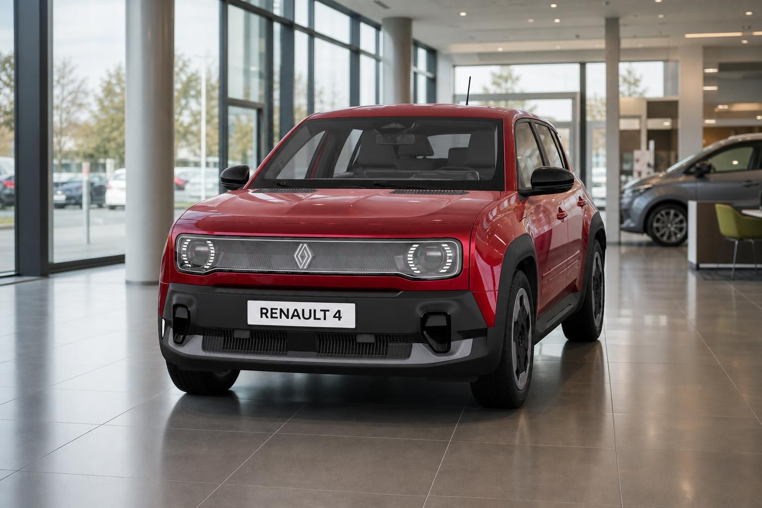 Renault 4 in Rot, Frontansicht im Autohaus Showroom