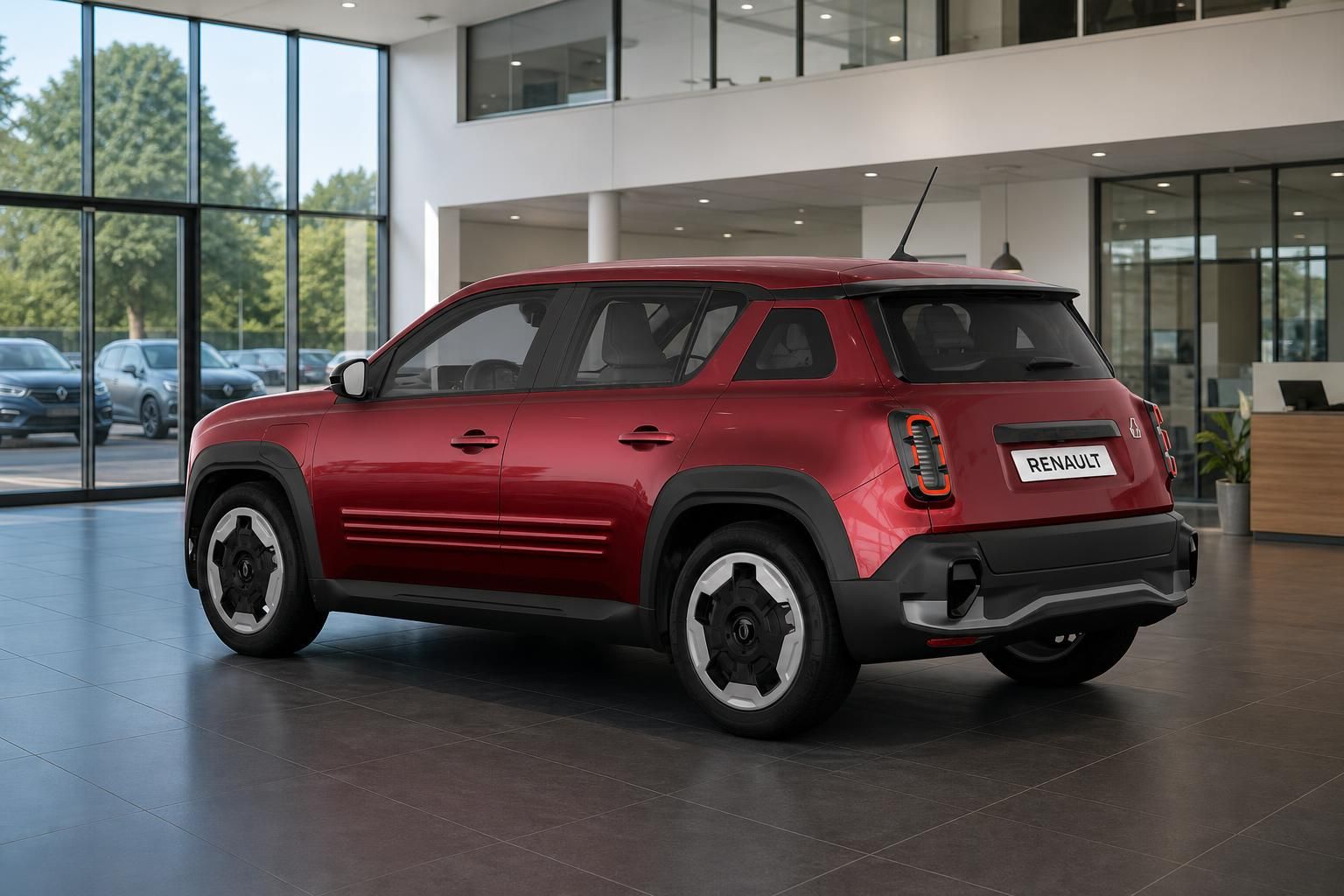 Renault 4 in Rot, Heckansicht im Autohaus-Showroom