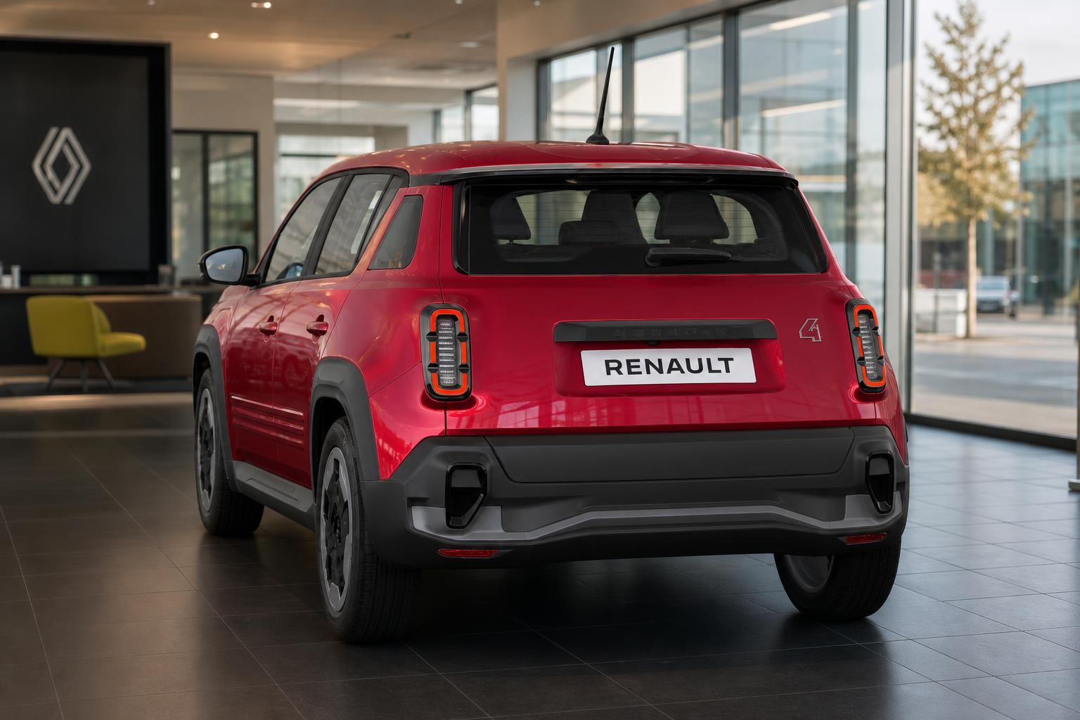 Renault 4 in Rot, Heckansicht mit Kennzeichen im Showroom