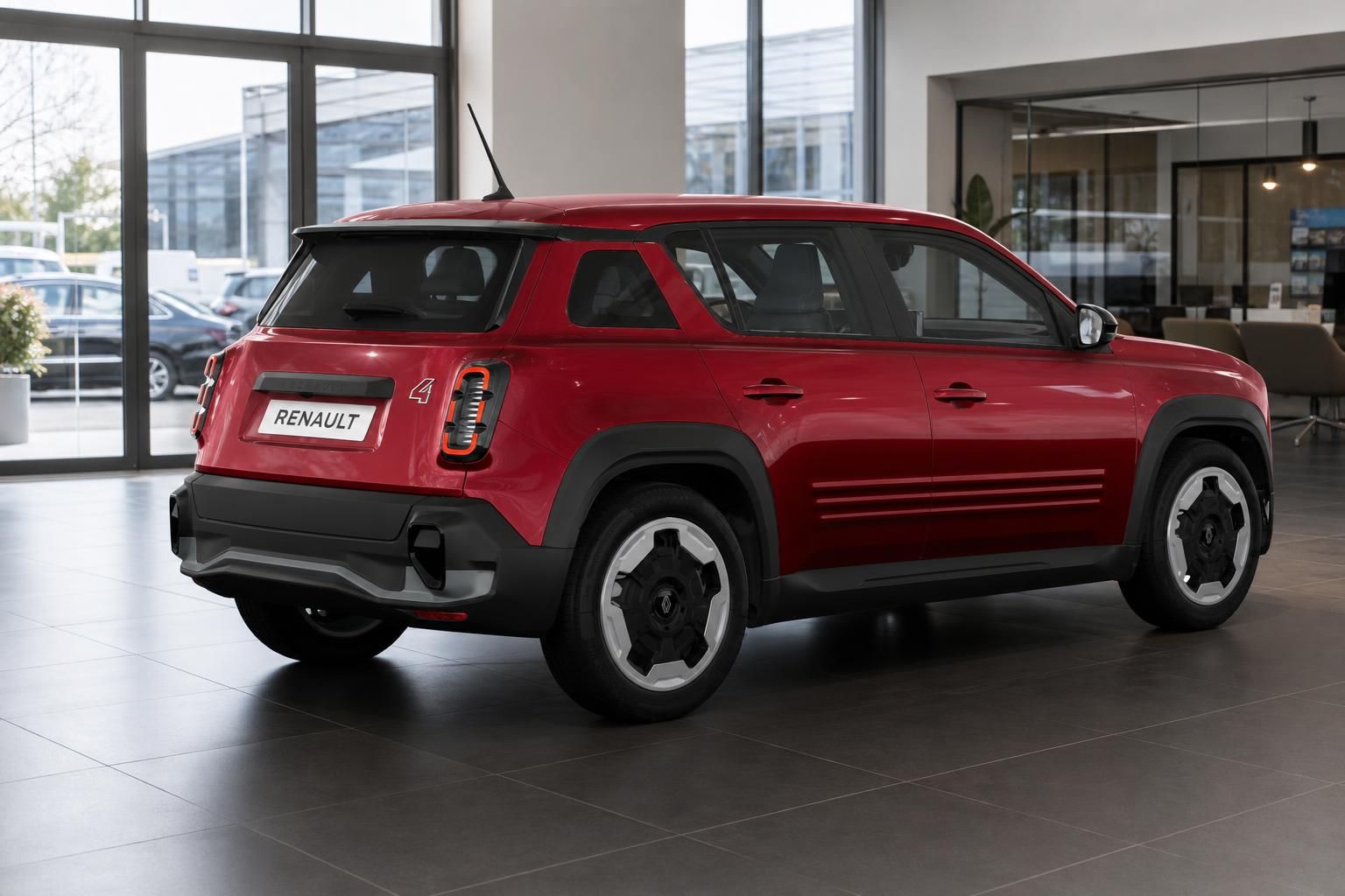 Roter Renault 4 schraege Heckansicht im Autohaus Showroom