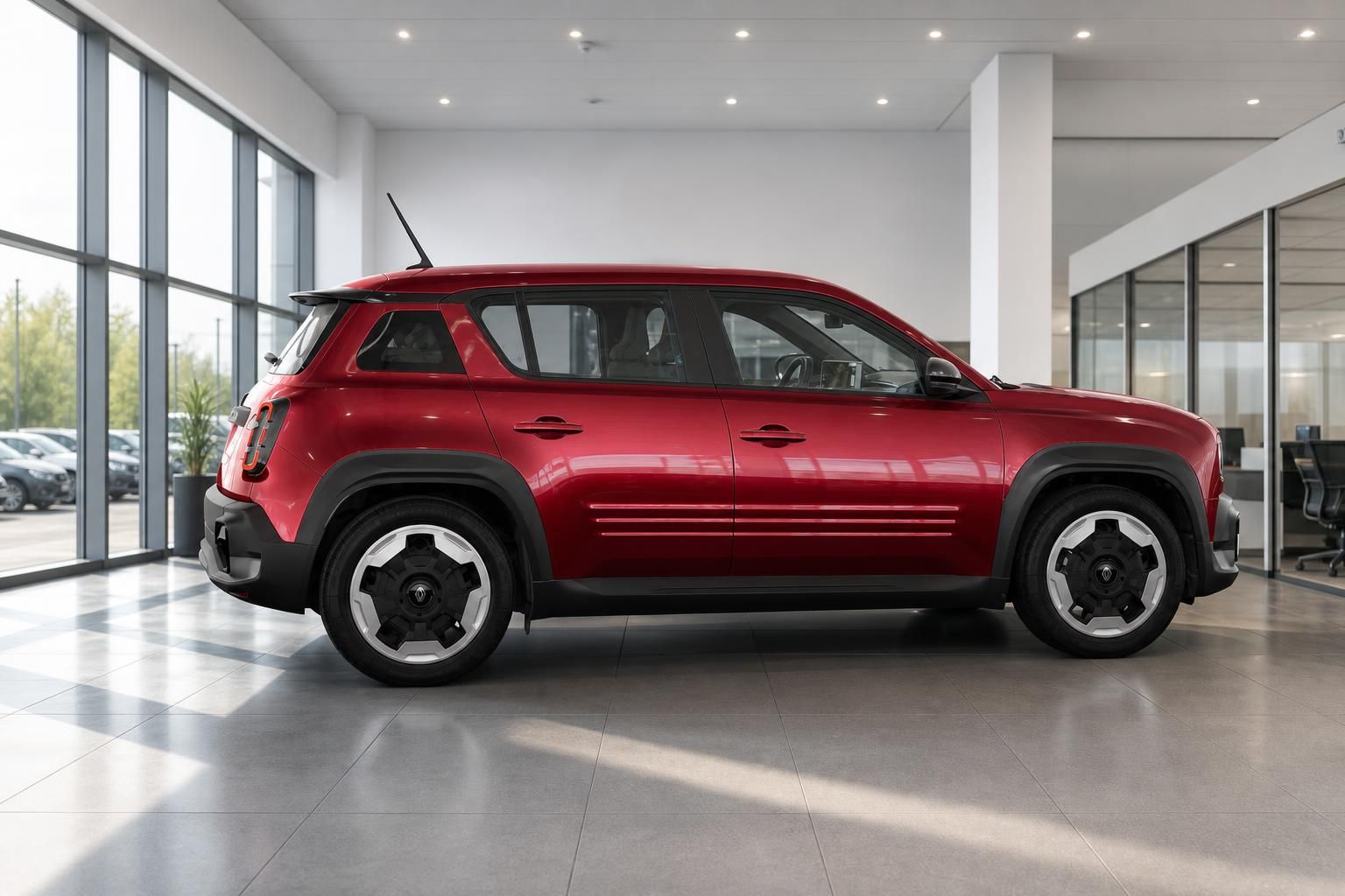 Renault 4 in Rot: Seitenansicht im Autohaus-Showroom