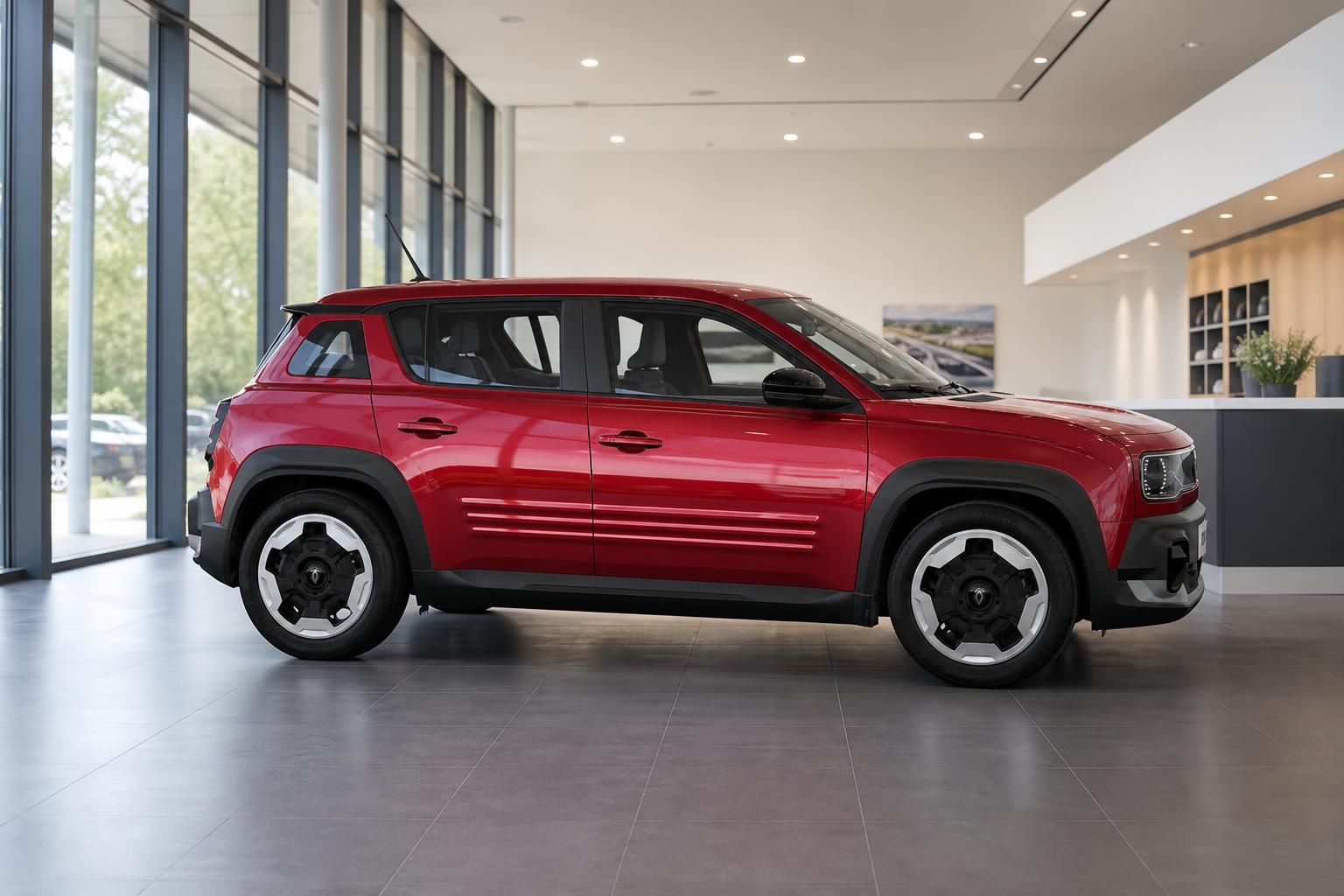 Roter Renault 4 E-Tech Seitenansicht im modernen Showroom