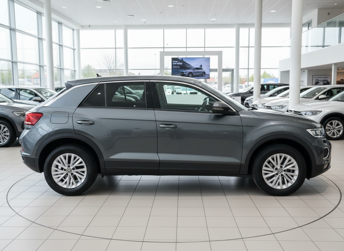 Volkswagen T-Roc in Grau im Autohaus Showroom – Seitenansicht