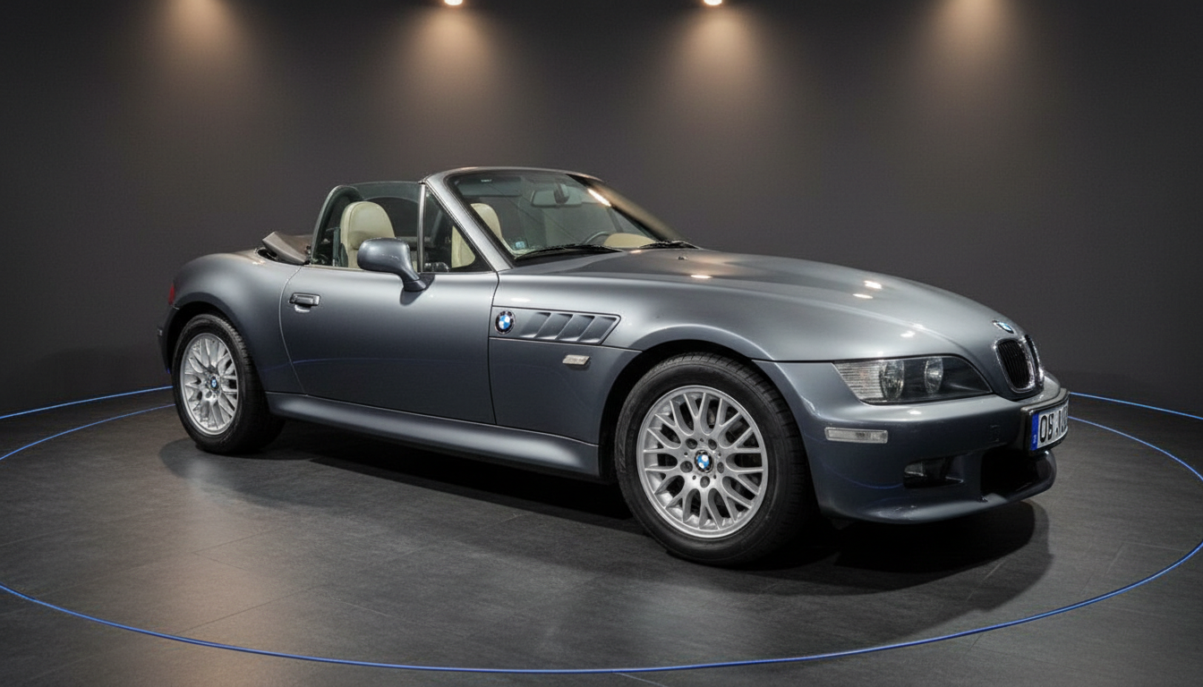 BMW Z3 Roadster in Stahlblau-Metallic, Cabrio mit beigem Interieur, Studioaufnahme