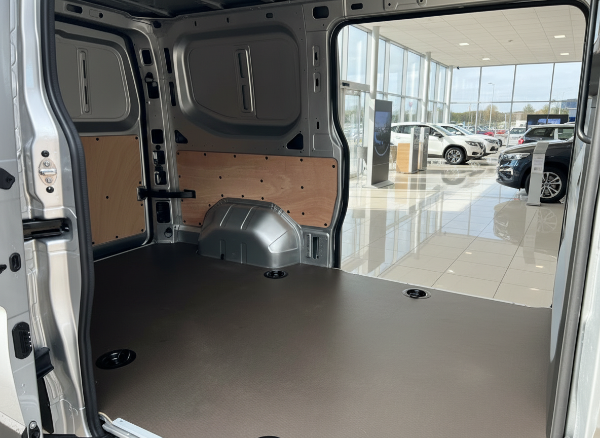 Laderaum eines Transporters mit Holzverkleidung und rutschfestem Bodenbelag in Autohaus