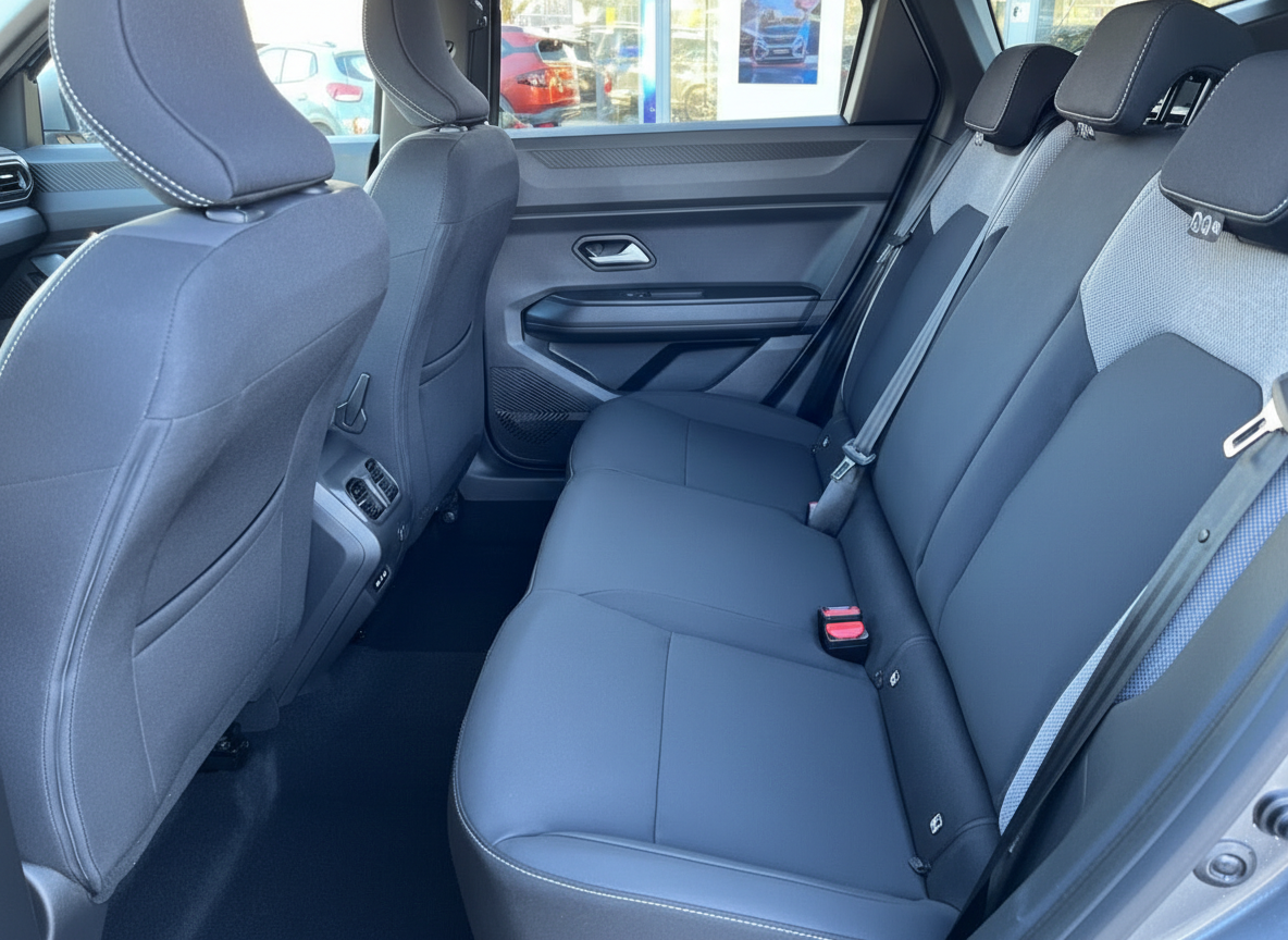 Fahrzeug Innenraum Rücksitzbank grau mit Sicherheitsgurten und schwarzen Kopfstützen