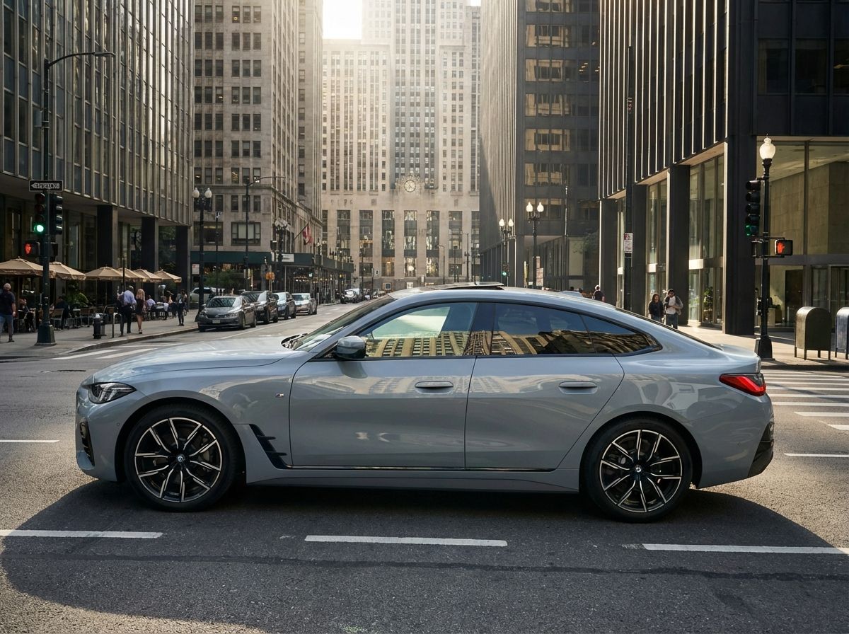 BMW 4er Gran Coupé in Grau im Autohaus-Showroom mit großen Glasfenstern und modernem Interieur, Seitenansicht des eleganten Sportwagens mit M-Performance-Felgen