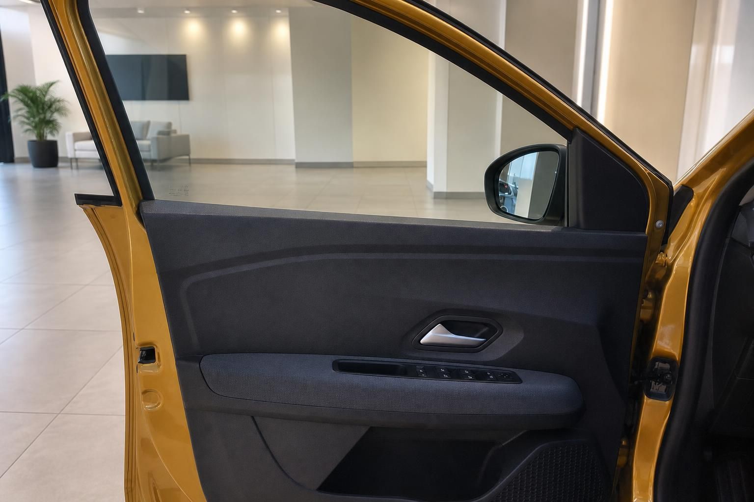 Dacia Fahrertuer offen mit Blick auf Aussenspiegel und Verkleidung