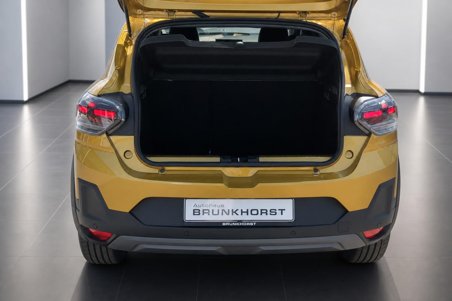 Dacia Kofferraum geoeffnet gelbes Fahrzeug Heckansicht