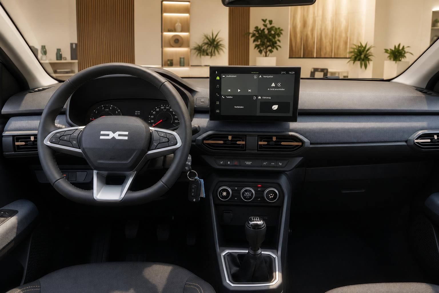 Dacia Innenraum Ansicht Lenkrad und Touchscreen Navigation