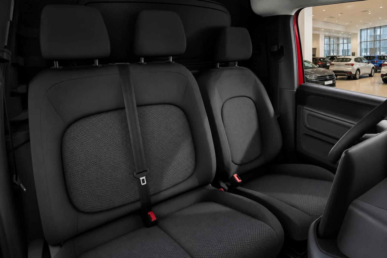 VW Transporter Innenraum Rücksitzbank – schwarze Stoffsitze mit Sicherheitsgurten im Autohaus