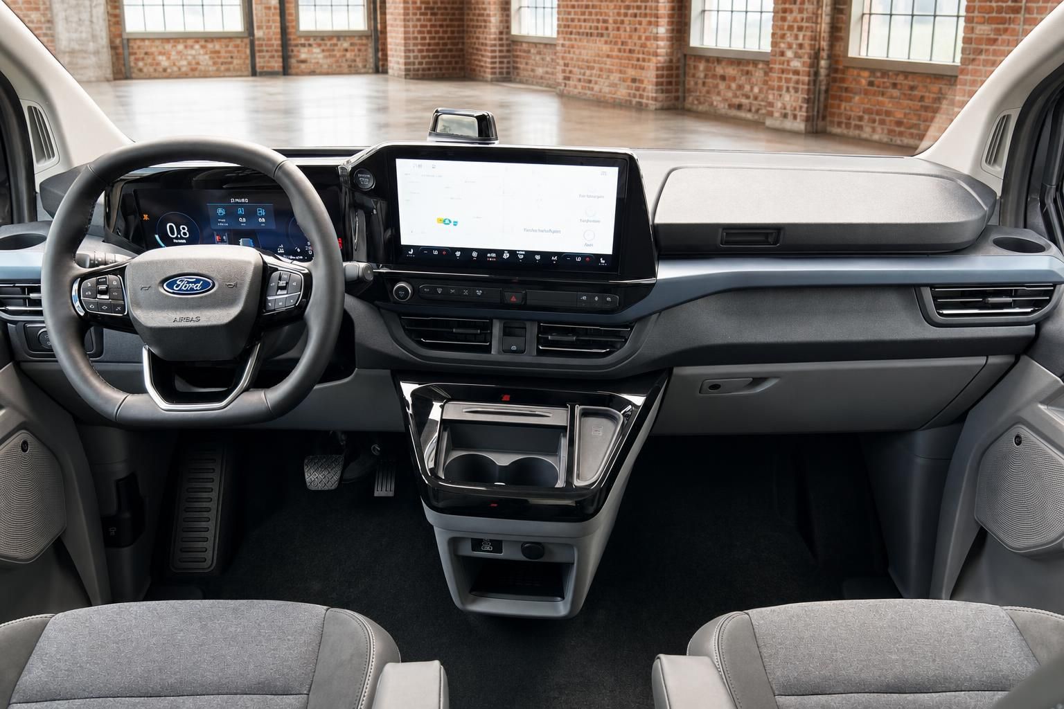 Ford Transit Custom Innenraum Frontansicht mit Armaturenbrett und Infotainment