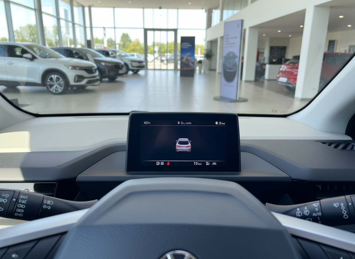 Volkswagen Innenraum mit digitalem Kombiinstrument im VW Autohaus Showroom