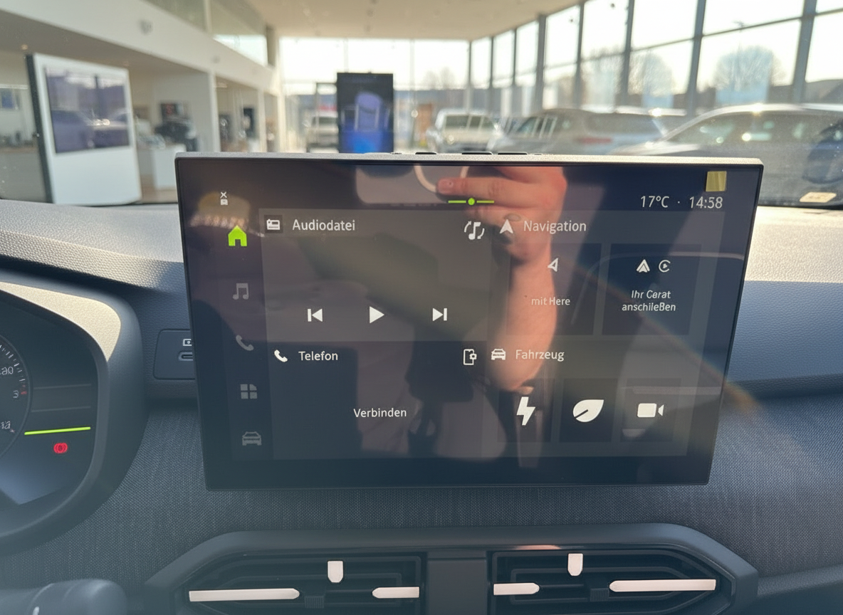 Dacia Infotainment-Display Innenraum mit Navigation, Audio und Fahrzeugmenü auf Deutsch