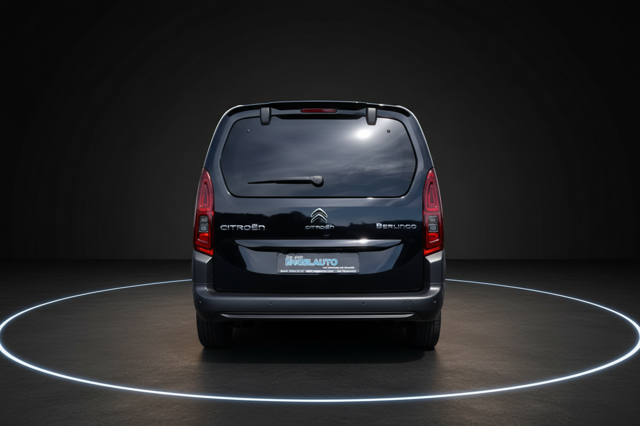 Citroën Berlingo in Dunkelblau – Heckansicht auf schwarzem Studiohintergrund