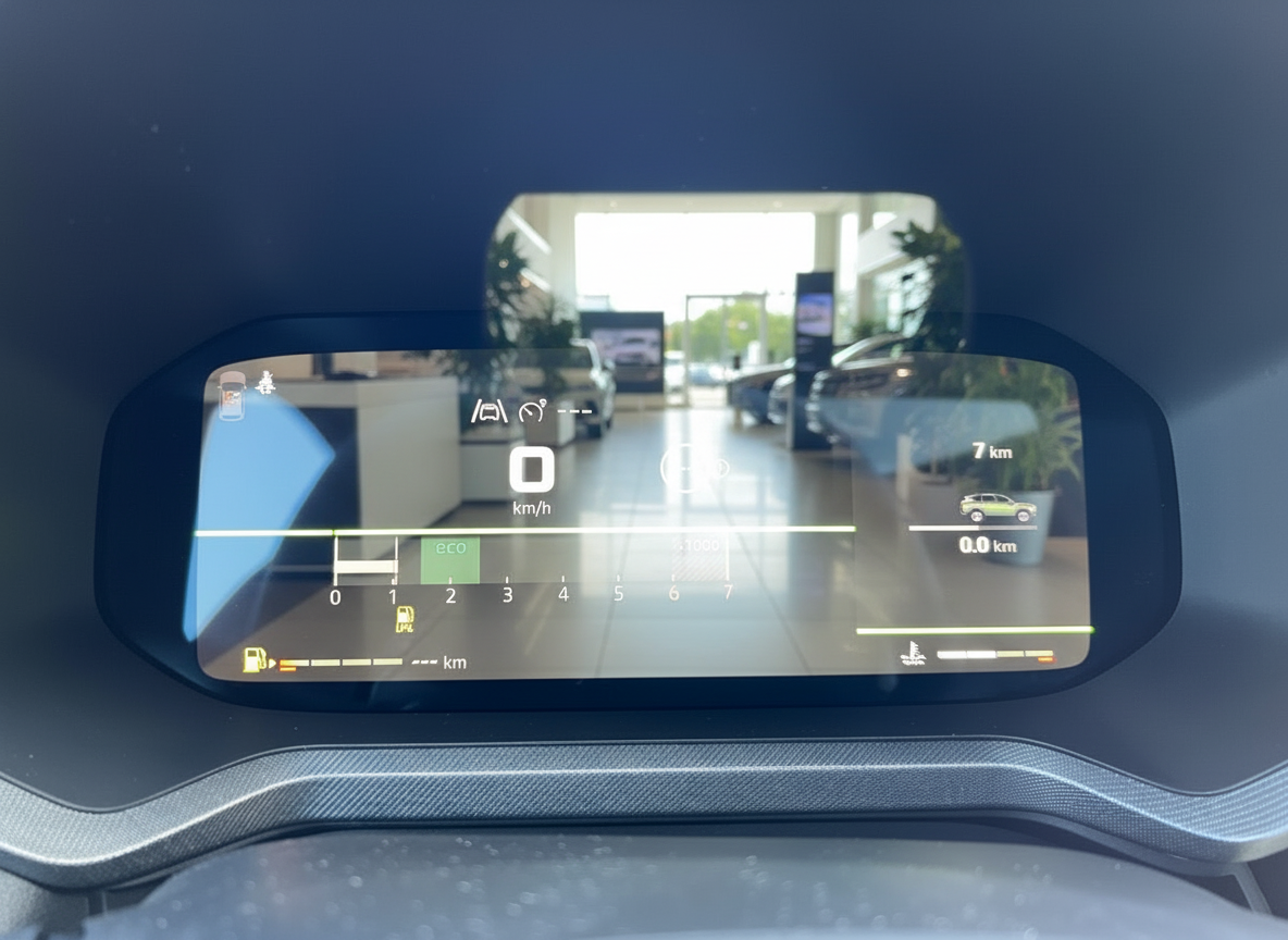 Digitales Kombiinstrument eines Fahrzeugs mit Tachoanzeige und ECO-Modus im Autohaus