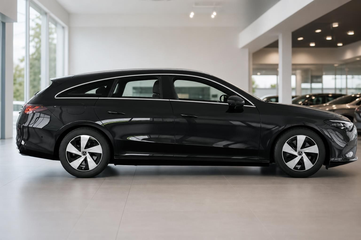 Mercedes-Benz CLA Shooting Brake in Schwarz, Seitenansicht im Showroom