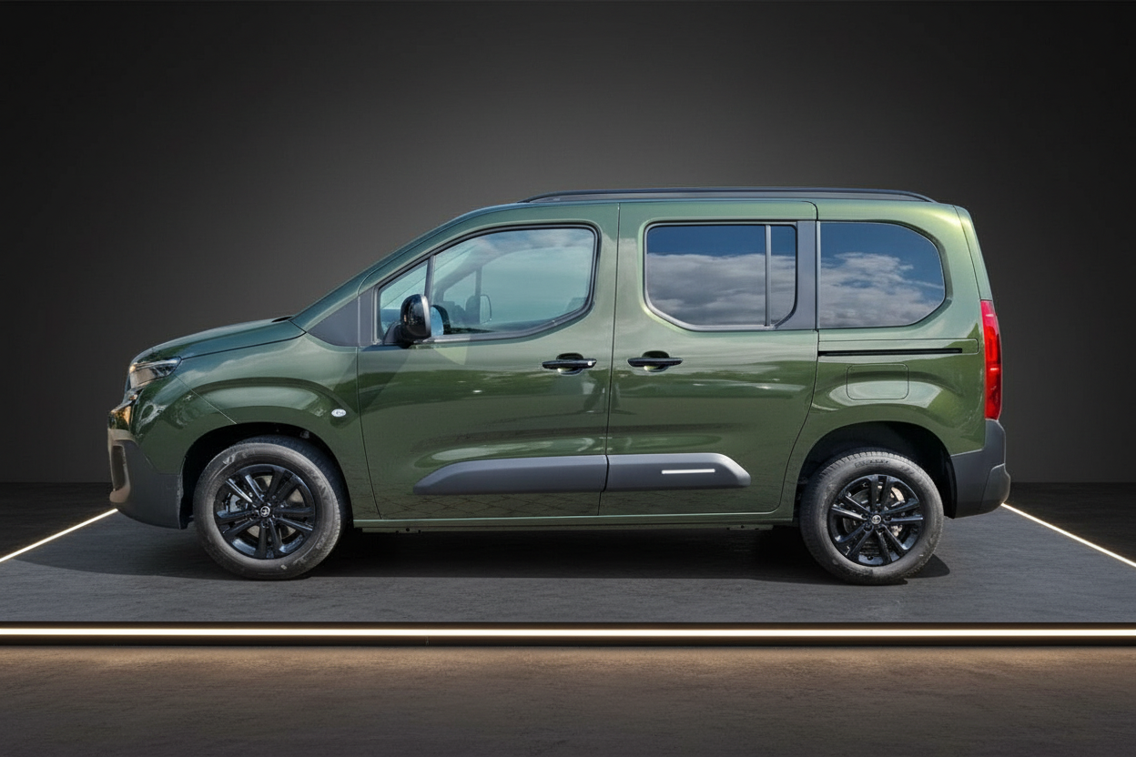 Opel Combo Life in Olivgrün – Seitenansicht auf dunklem Studiohintergrund