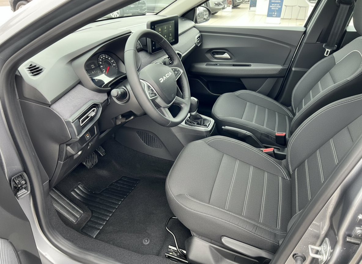 Dacia Innenraum Fahrersitz mit Lenkrad, Infotainment-Display und dunkler Stoffausstattung