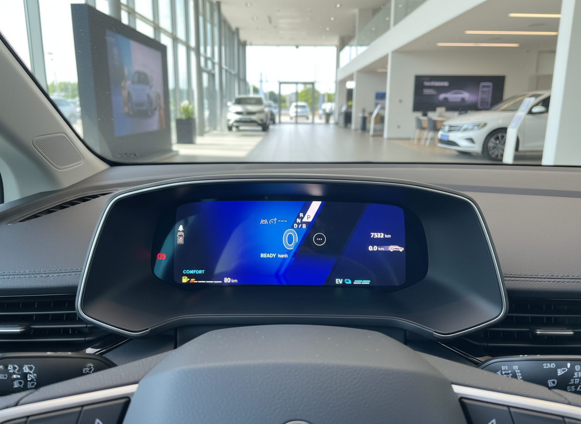 Volkswagen Innenraum digitales Kombiinstrument im Autohaus mit READY-Anzeige und EV-Modus