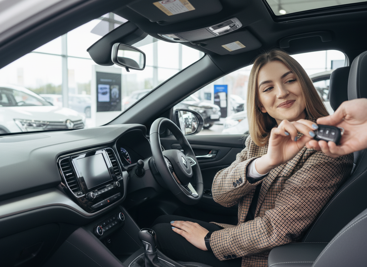 Frau im Renault Innenraum erhält Autoschlüssel beim Autohändler