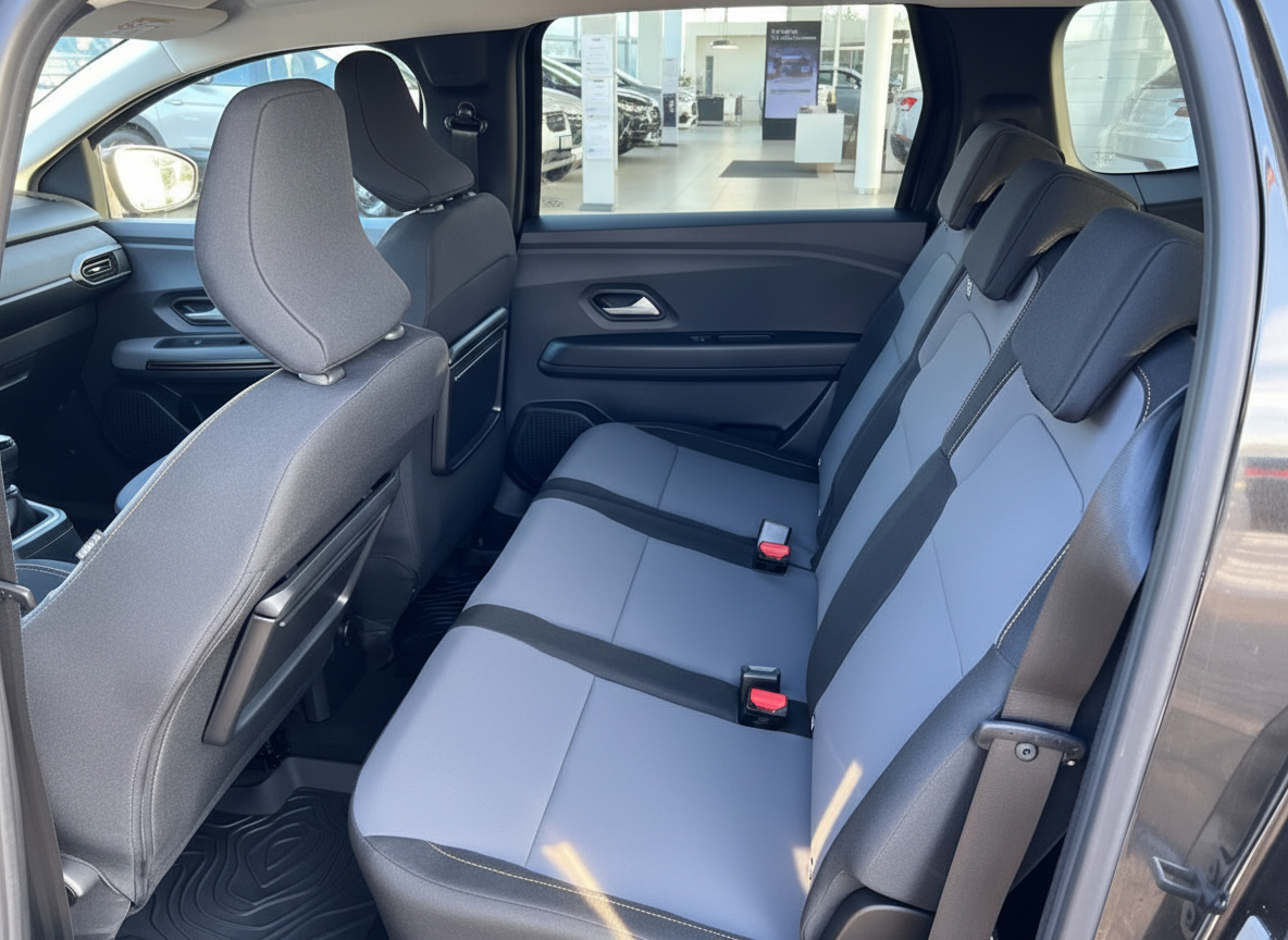 Rücksitzbank mit grauem Stoffbezug und Sicherheitsgurten im Innenraum eines Dacia Fahrzeugs