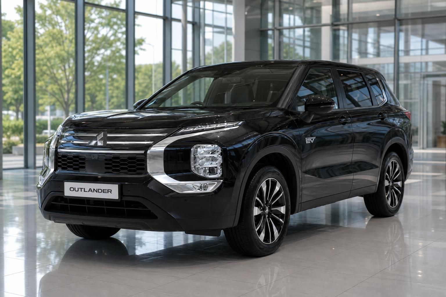 Mitsubishi Outlander schwarz Frontansicht schraeg im Showroom