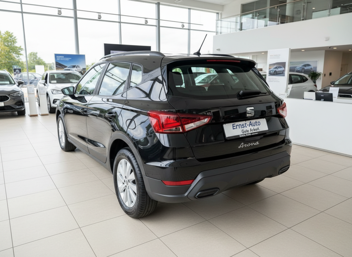 Schwarzer SEAT Arona SUV Heckansicht im Autohaus Ernst-Auto