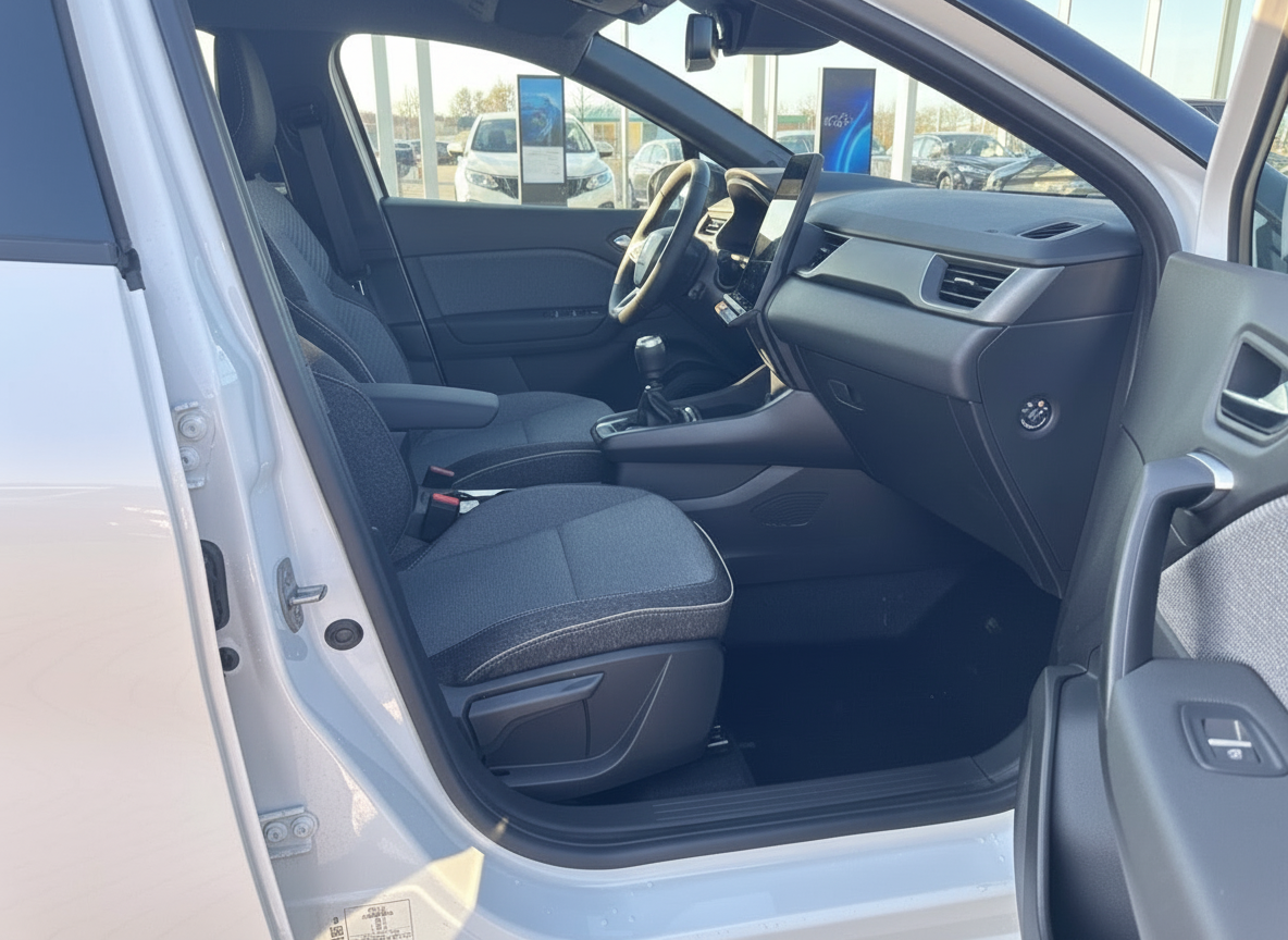 Fahrzeuginnenraum mit schwarzen Stoffsitzen, Mittelkonsole und modernem Cockpit