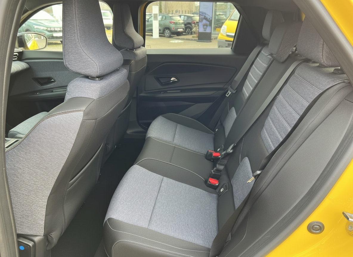 Gelbes Fahrzeug Innenraum Rücksitzbank grau-schwarze Polster mit Sicherheitsgurten