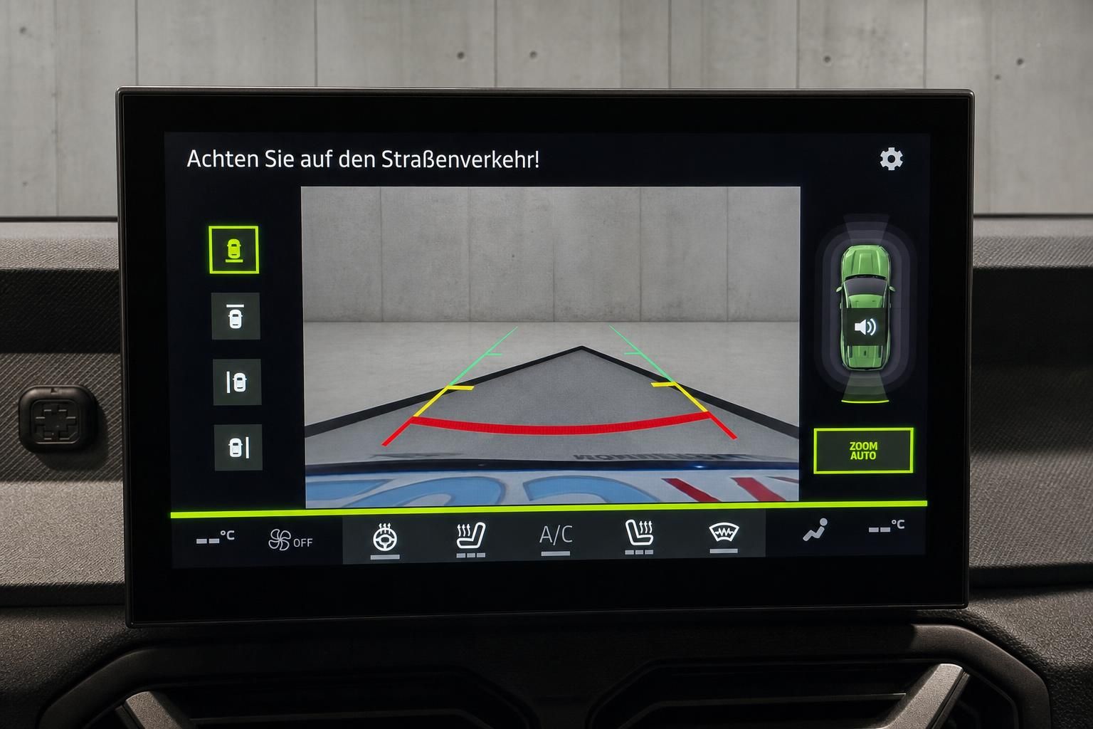 Rueckfahrkamera-Display mit Parksensoren-Anzeige im Fahrzeug-Cockpit