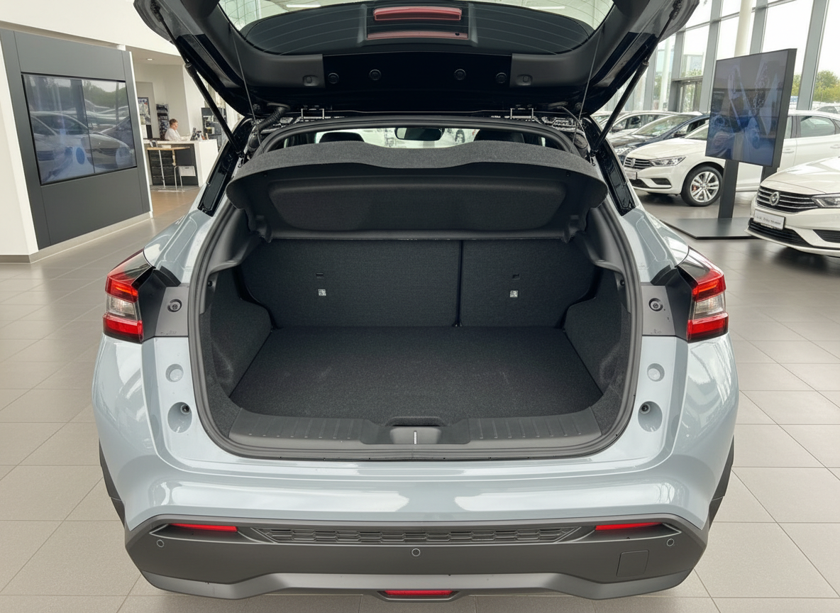 Silberner Nissan Qashqai Kofferraum offen im Autohaus Showroom Heckansicht