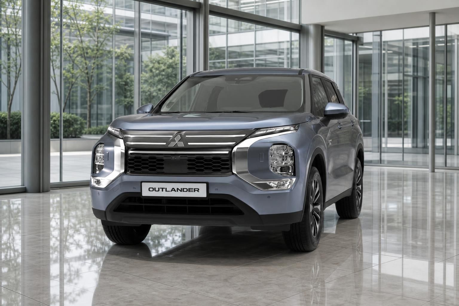 Mitsubishi Outlander Frontansicht mit markantem Kuehlergrill im Showroom
