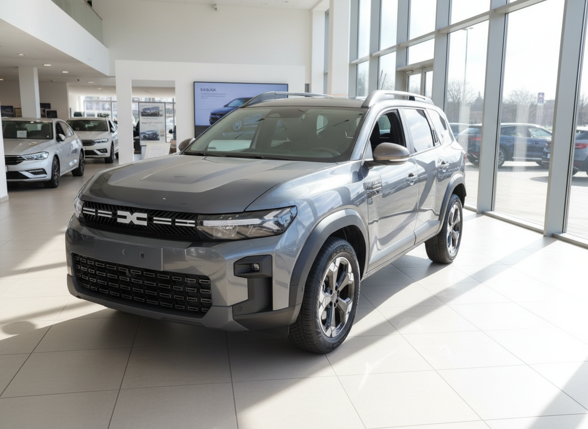 Dacia Duster SUV in Grau im Autohaus Showroom – Frontansicht