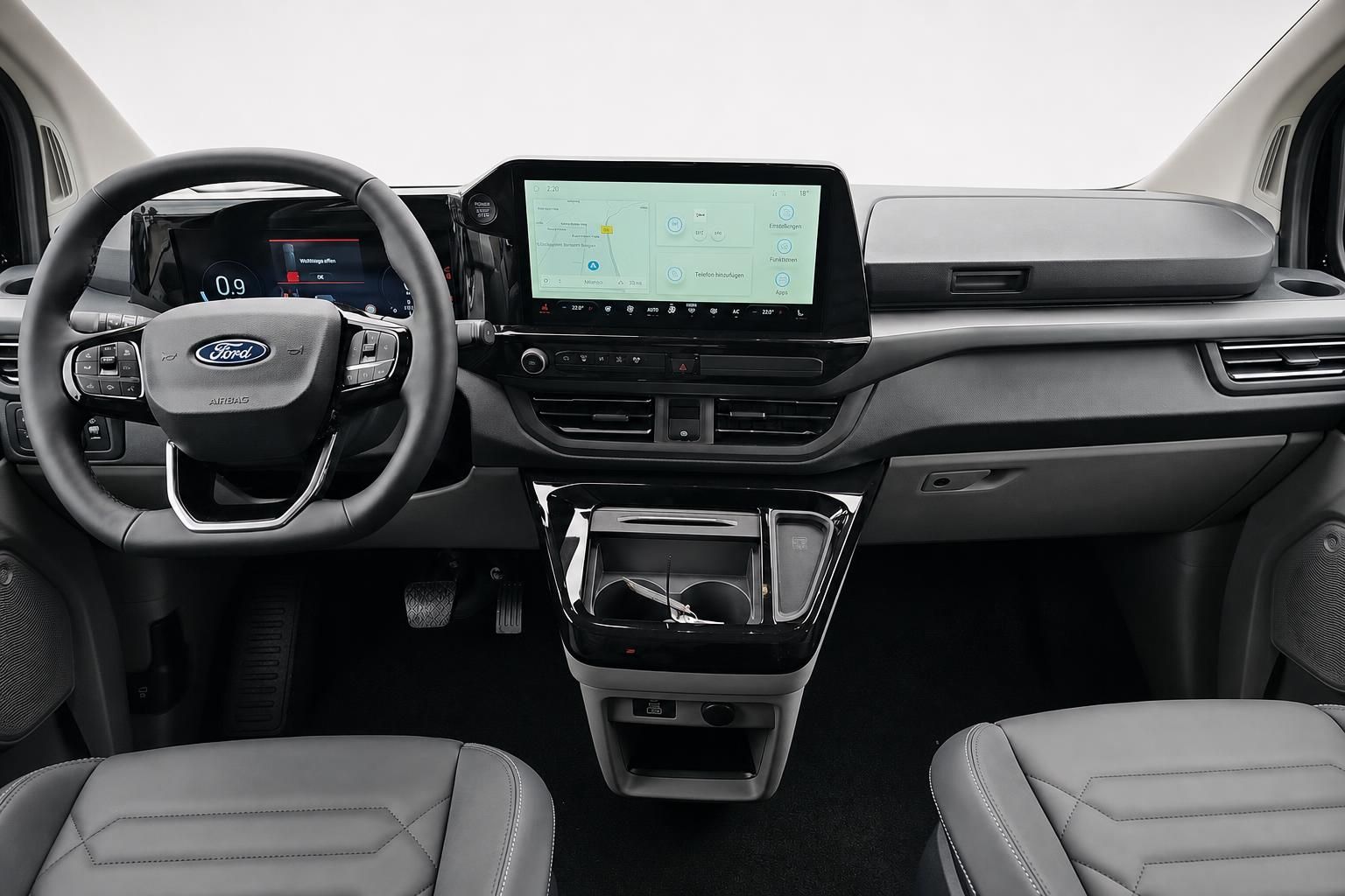 Ford Cockpit mit Lenkrad, Touchscreen und Navigationssystem im Detail
