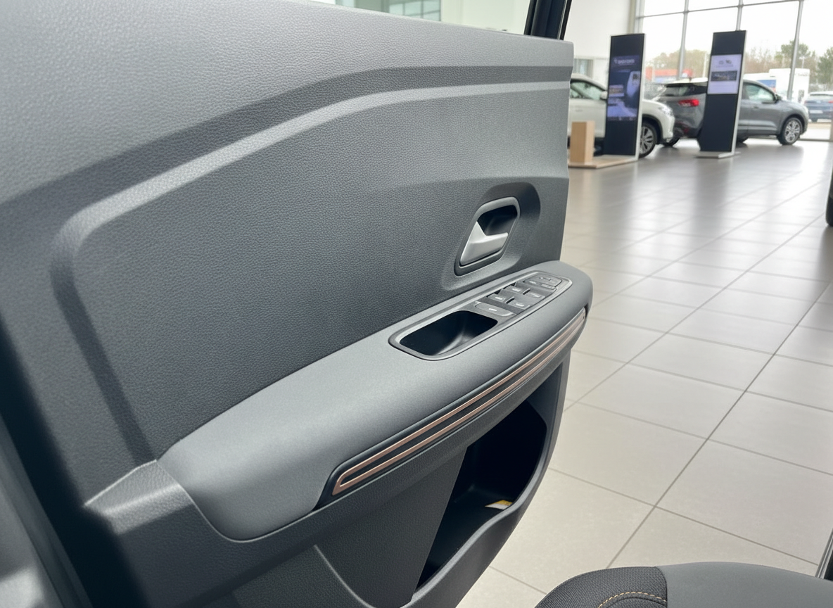 Fahrzeugtür Innenansicht mit Fensterheber und Türgriff im Autohaus Showroom