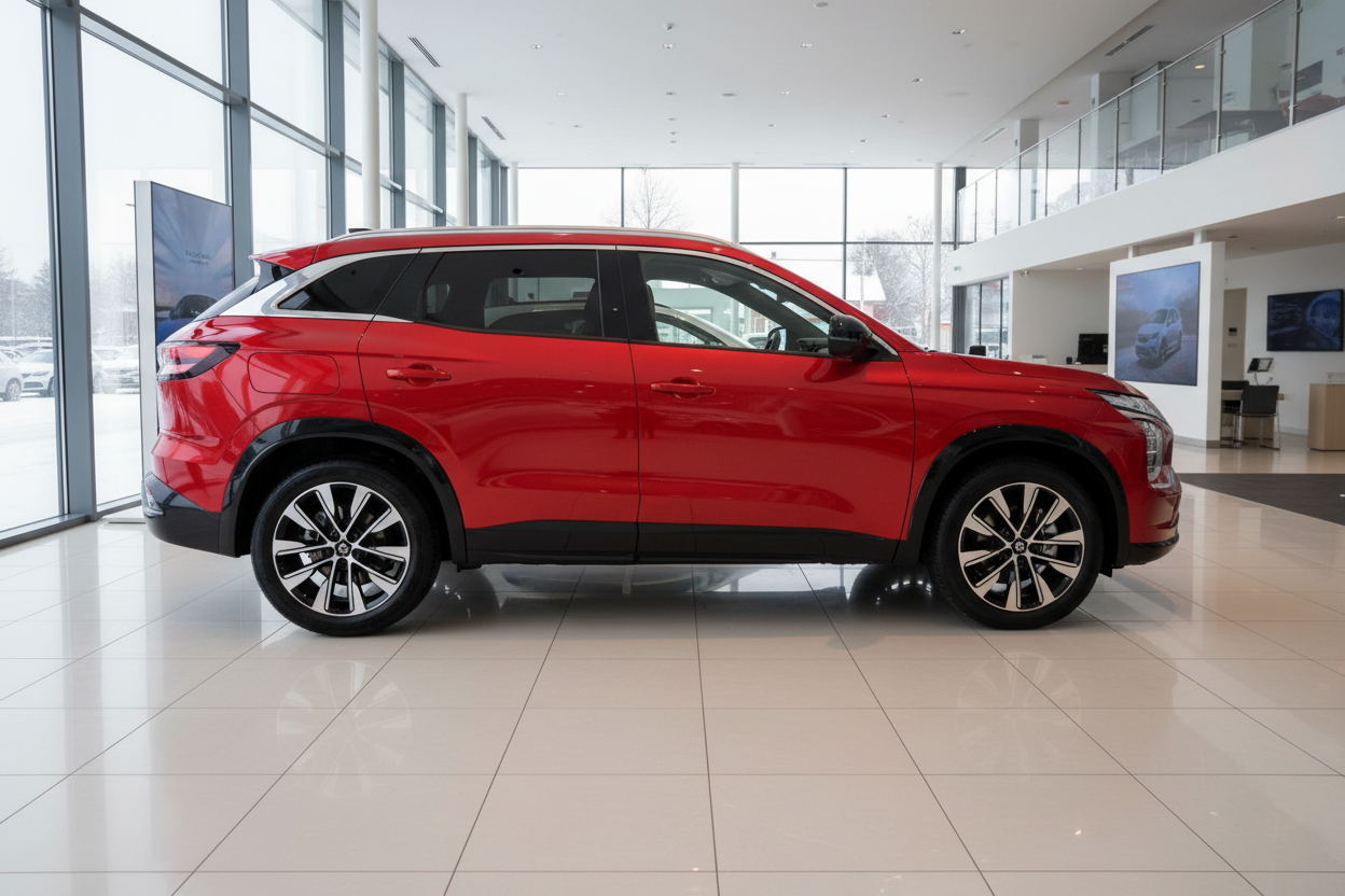 Roter SUV Mitsubishi Eclipse Cross in modernem Autohaus Showroom Seitenansicht