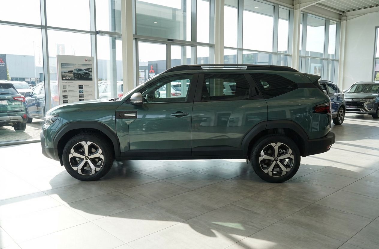 Mitsubishi ASX grün metallic Seitenansicht im Autohaus Showroom