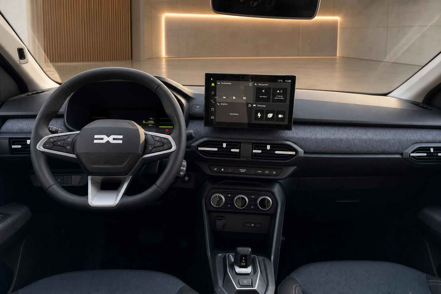 Modernes Fahrzeug-Cockpit mit digitalem Display, Lenkrad und Armaturenbrett in dunklem Design