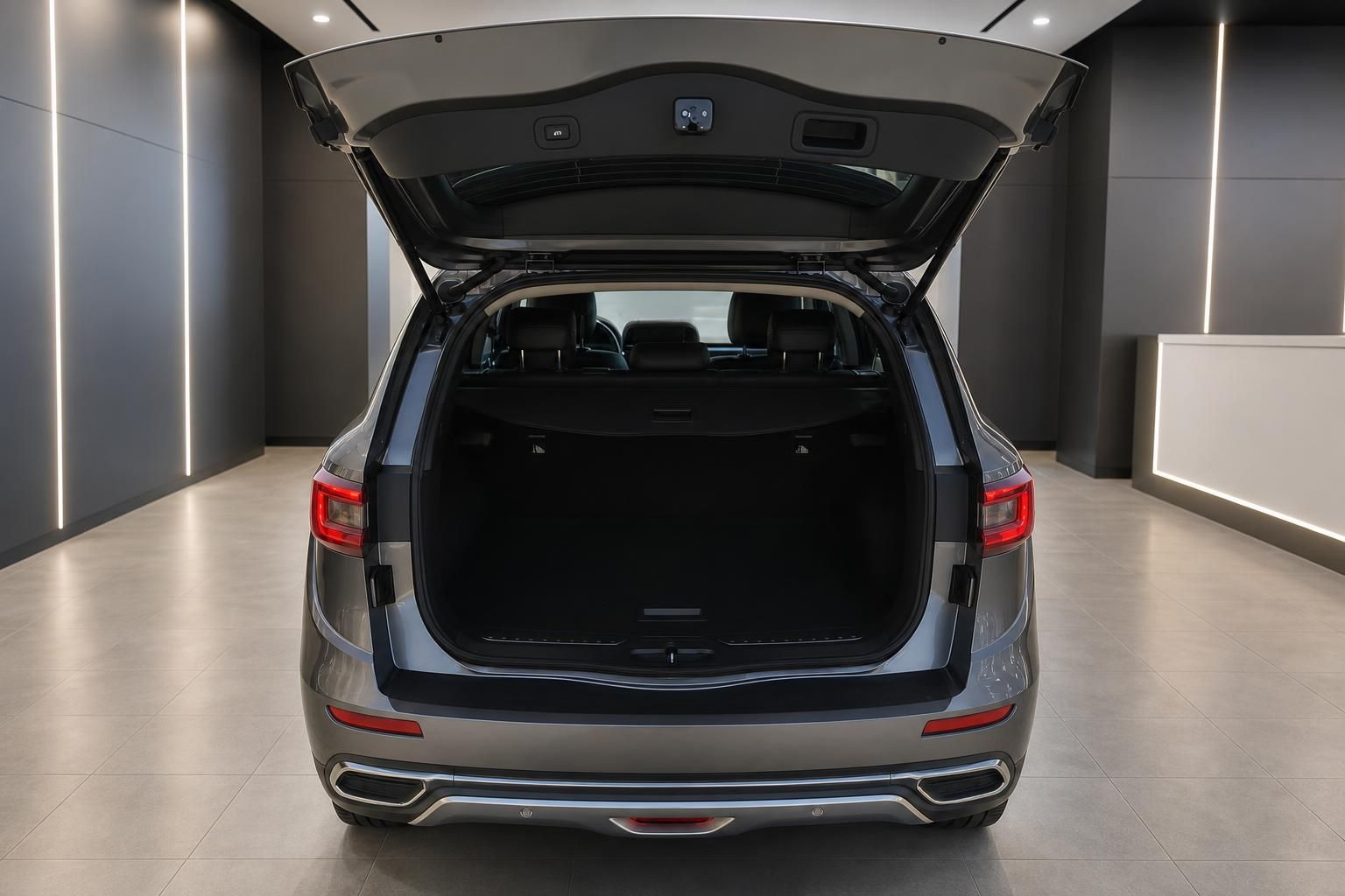 Grauer SUV Kombi mit geöffneter Heckklappe und großzügigem Kofferraum