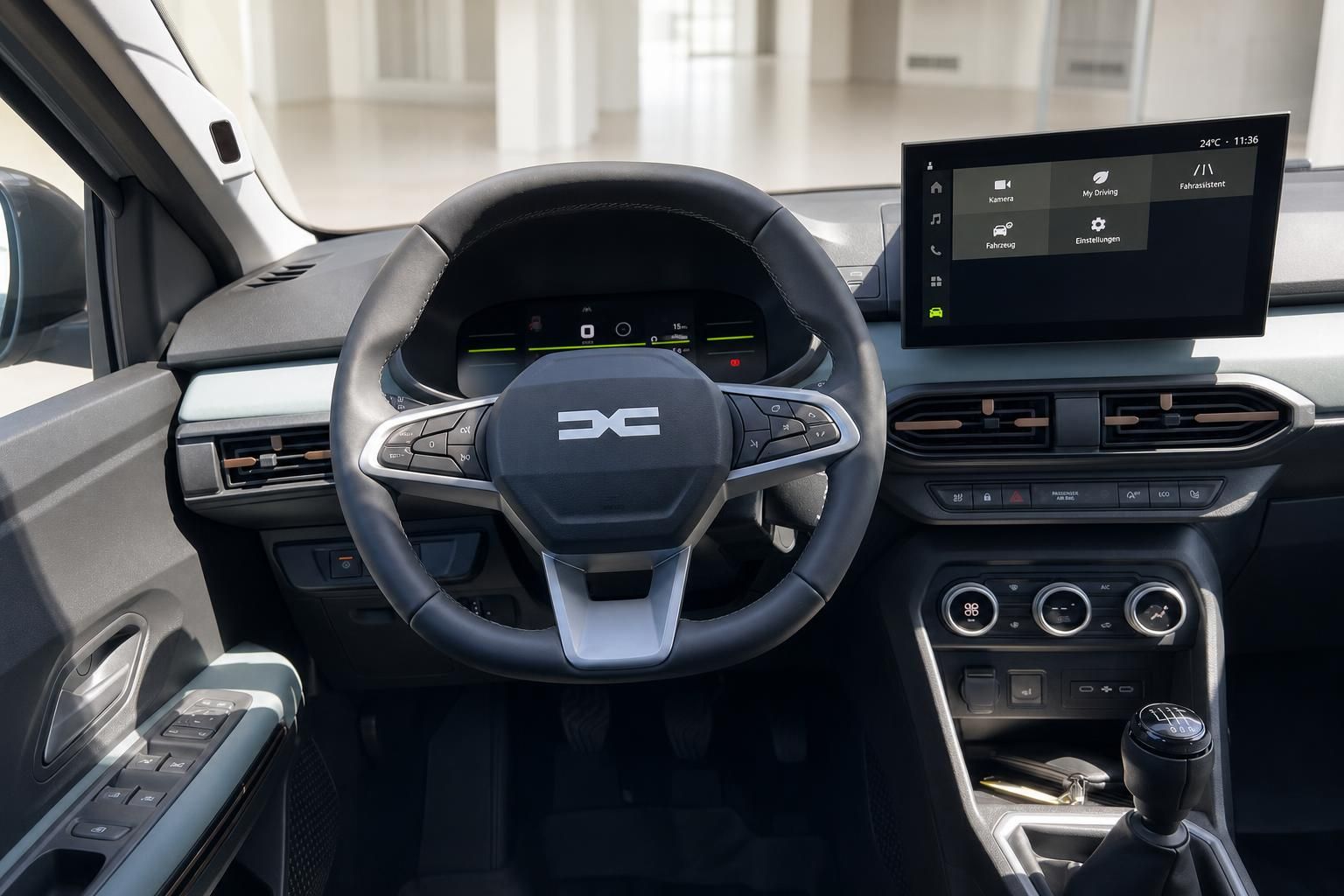 Modernes Fahrzeug-Cockpit mit digitalem Display, Lenkrad und Infotainment-System