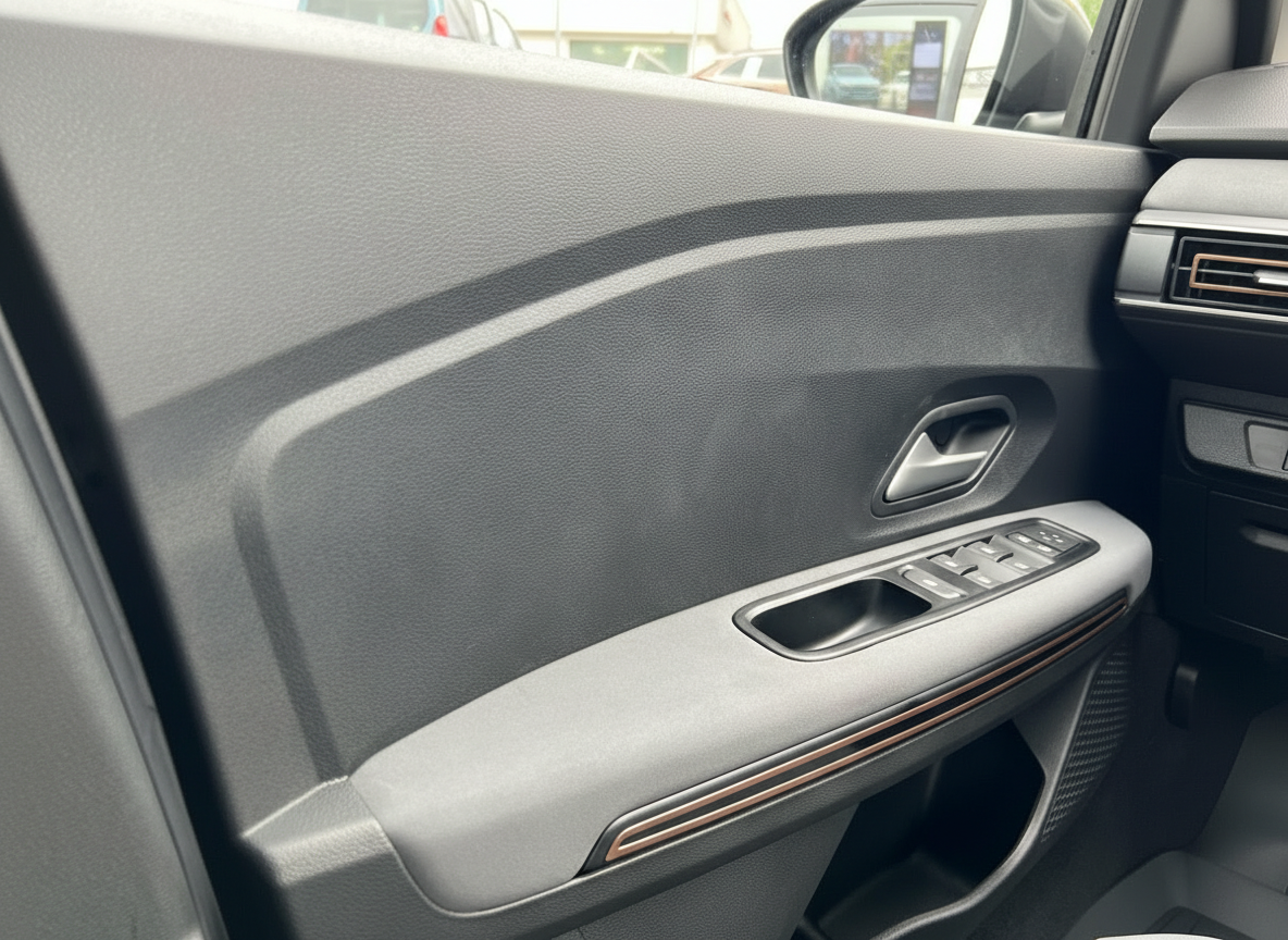 Fahrzeuginnenraum Fahrertür mit Fensterheber-Bedienfeld und Kupfer-Akzenten Detailaufnahme