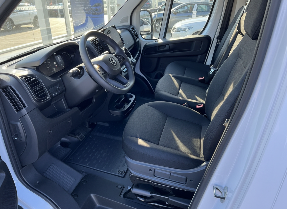 Opel Movano Innenraum Fahrerseite mit schwarzen Stoffsitzen und modernem Cockpit