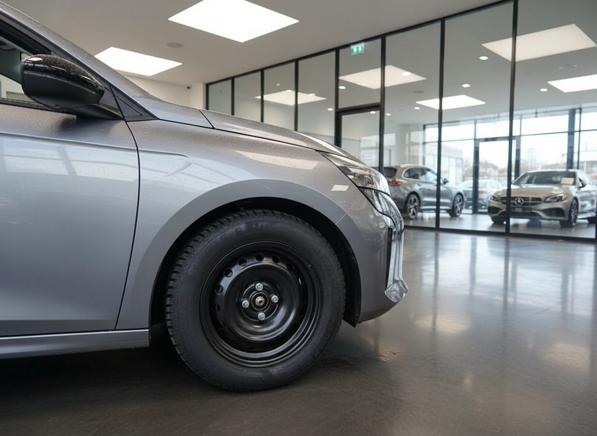 Grauer Pkw Vorderrad-Nahaufnahme mit Stahlfelge in modernem Autohaus-Showroom