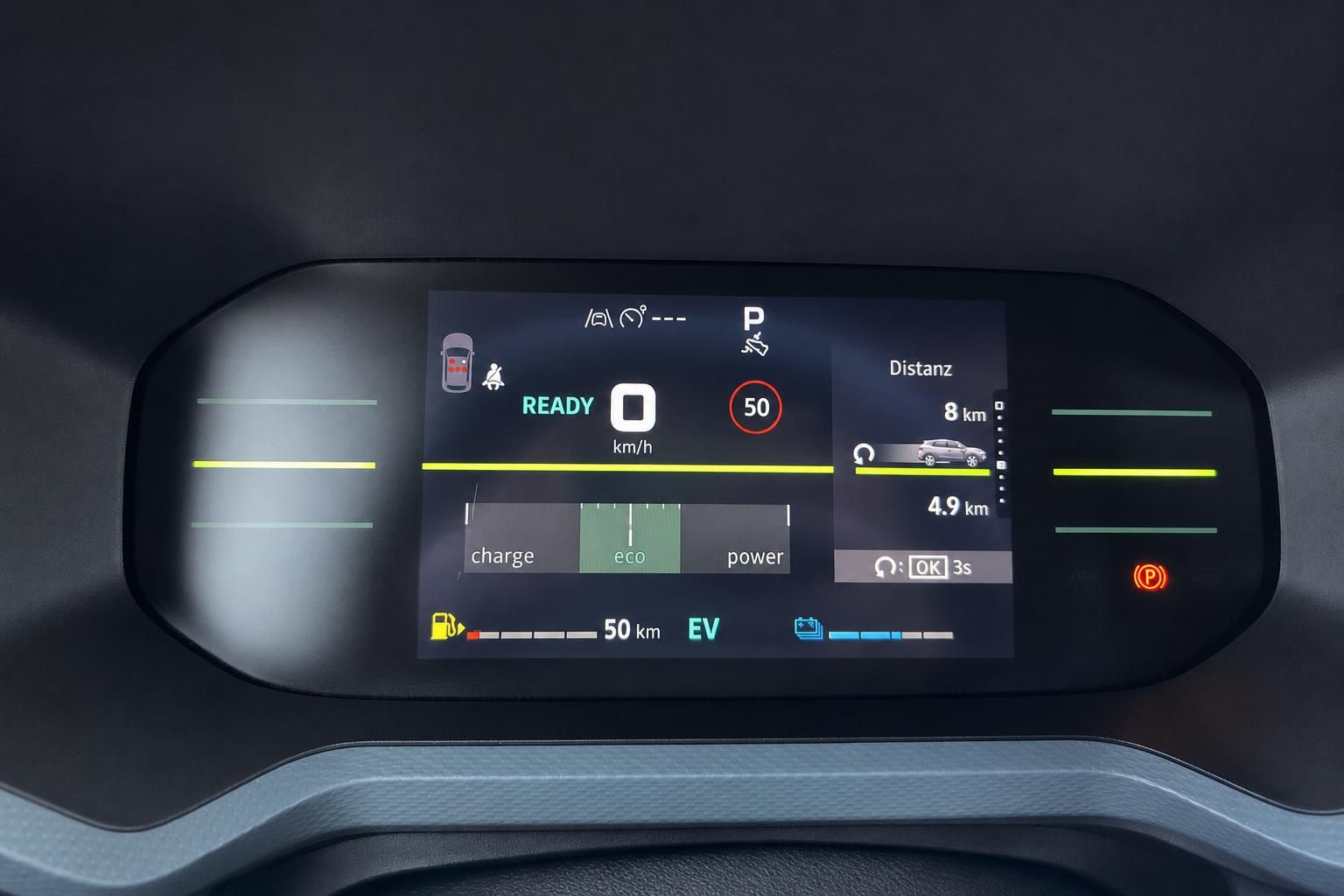 Digitales Armaturenbrett Elektrofahrzeug mit Reichweitenanzeige und Eco-Modus Display