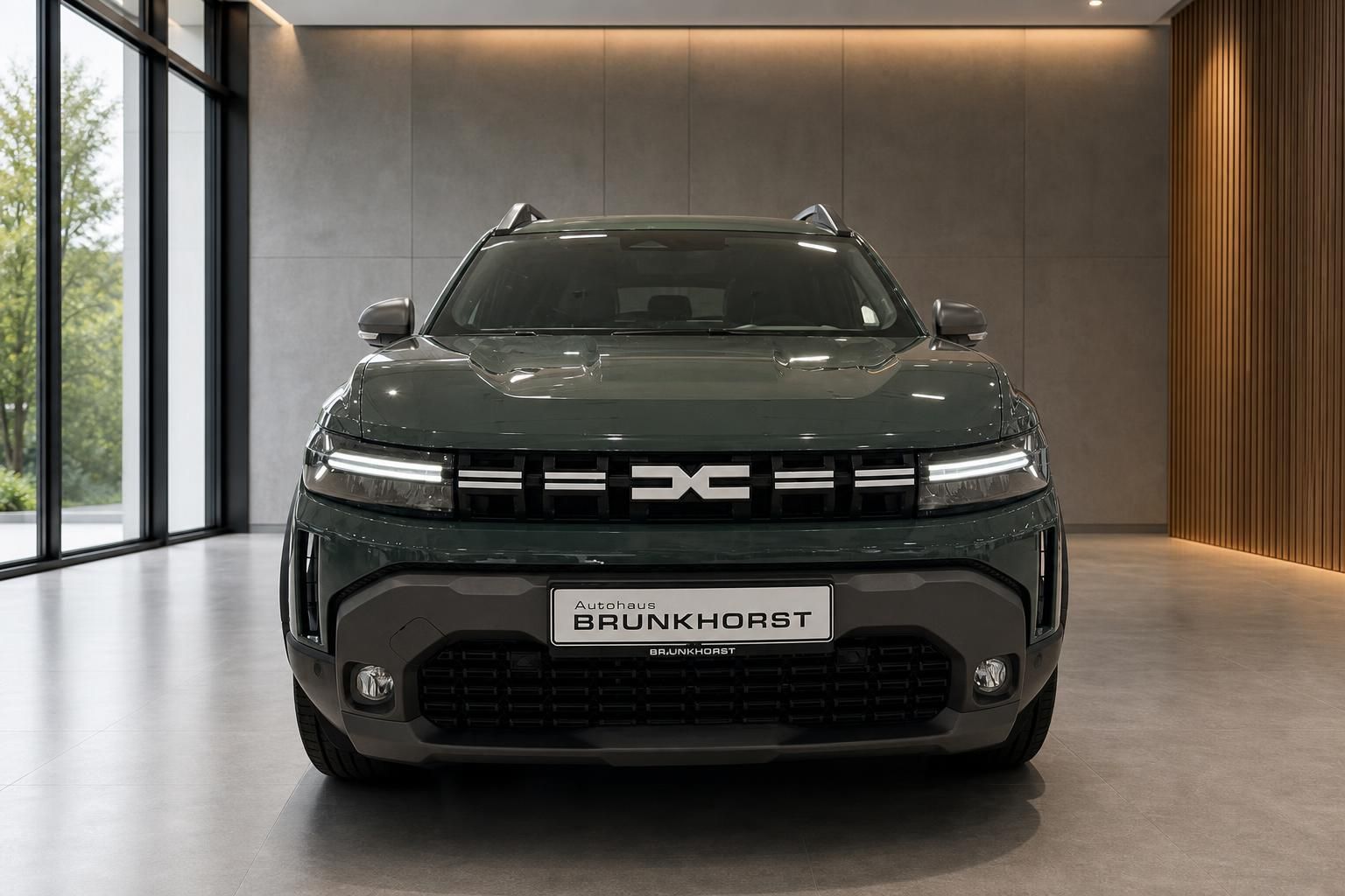 Dacia Duster Frontansicht in grün-grauer Lackierung im modernen Autohaus Showroom