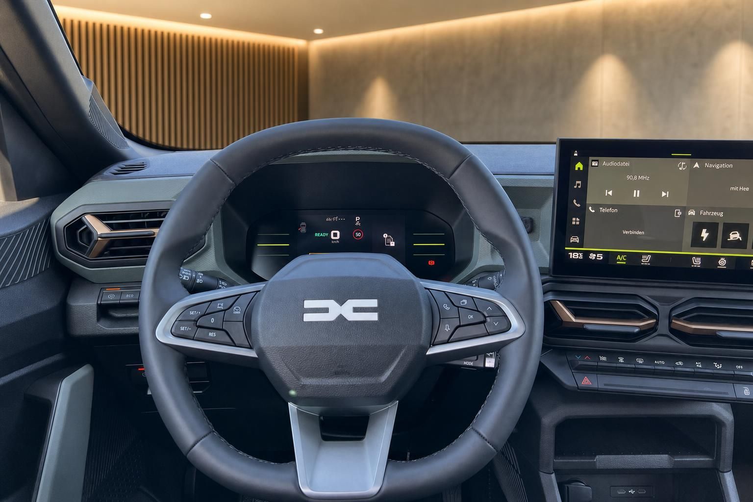 Modernes Fahrzeug-Cockpit mit digitalem Display und Lenkrad - Innenraumansicht